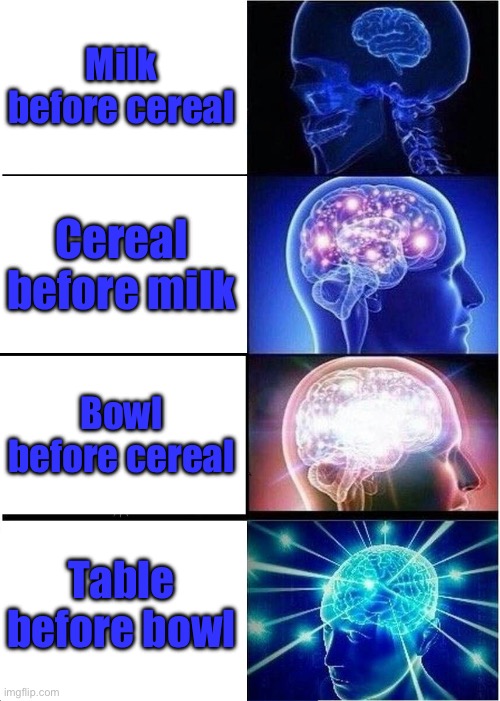 Expanding Brain | Milk before cereal; Cereal before milk; Bowl before cereal; Table before bowl | image tagged in memes,expanding brain,milk,cereal,stupid memes,funny | made w/ Imgflip meme maker