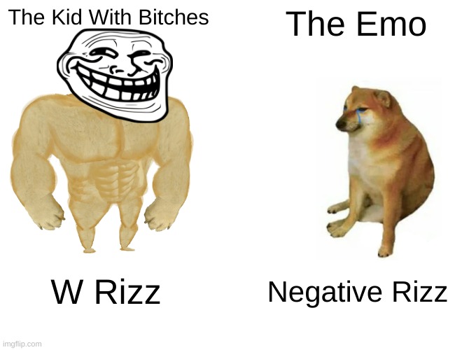 So true tho | The Kid With Bitches; The Emo; W Rizz; Negative Rizz | image tagged in memes,buff doge vs cheems | made w/ Imgflip meme maker