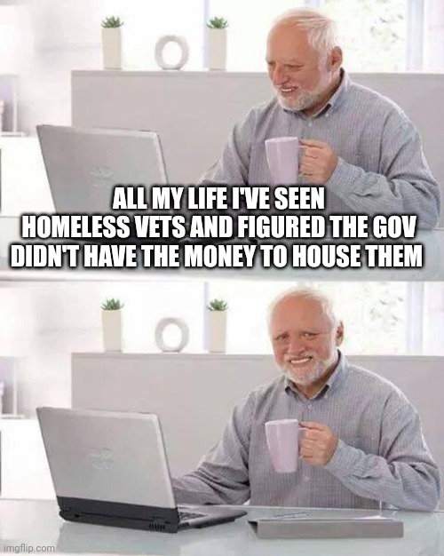 Just saying | ALL MY LIFE I'VE SEEN HOMELESS VETS AND FIGURED THE GOV DIDN'T HAVE THE MONEY TO HOUSE THEM | image tagged in memes,hide the pain harold,veterans,us government,illegal immigration | made w/ Imgflip meme maker