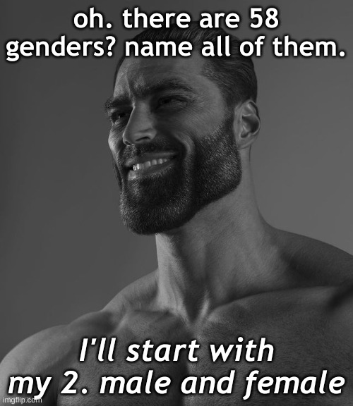 HAHAHAHA | oh. there are 58 genders? name all of them. I'll start with my 2. male and female | image tagged in giga chad | made w/ Imgflip meme maker