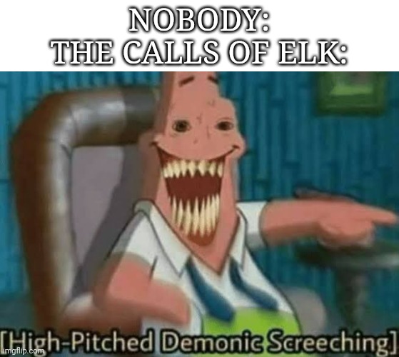 Elk Sound Meme | NOBODY:
THE CALLS OF ELK: | image tagged in high-pitched demonic screeching | made w/ Imgflip meme maker