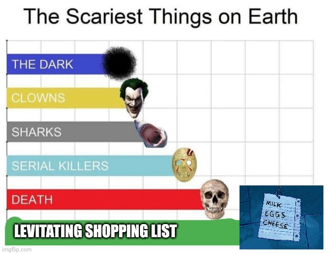 Floating shopping list, oooh spooky!!! | LEVITATING SHOPPING LIST | image tagged in scariest things on earth | made w/ Imgflip meme maker