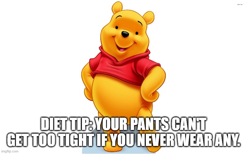 Diet Tip | DIET TIP: YOUR PANTS CAN'T GET TOO TIGHT IF YOU NEVER WEAR ANY. | image tagged in winnie the pooh | made w/ Imgflip meme maker