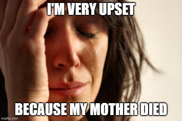 First World Problems | I'M VERY UPSET; BECAUSE MY MOTHER DIED | image tagged in memes,first world problems | made w/ Imgflip meme maker