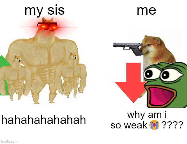 Help Me pt2 | my sis; me; hahahahahahah; why am i so weak😭???? | image tagged in memes,buff doge vs cheems | made w/ Imgflip meme maker
