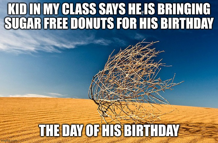 sugar free donut | KID IN MY CLASS SAYS HE IS BRINGING SUGAR FREE DONUTS FOR HIS BIRTHDAY; THE DAY OF HIS BIRTHDAY | image tagged in memes,funny | made w/ Imgflip meme maker