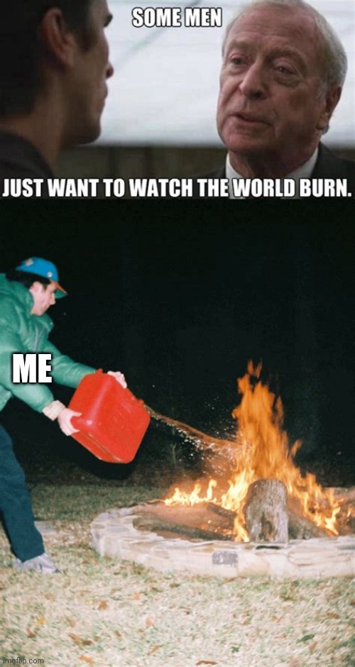 Soe just want to watch the world burn | ME | image tagged in guy pouring gasoline into fire | made w/ Imgflip meme maker