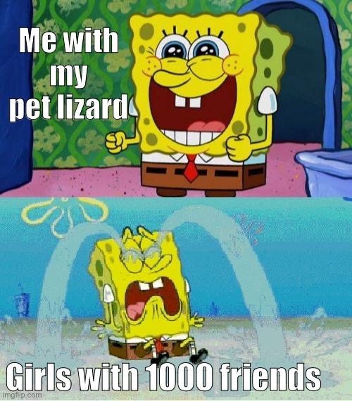 “omg nobody cares about me” | Me with my pet lizard; Girls with 1000 friends | image tagged in spongebob happy and sad | made w/ Imgflip meme maker