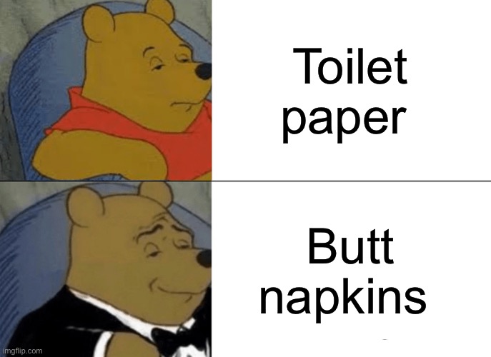 Tuxedo Winnie The Pooh | Toilet paper; Butt napkins | image tagged in memes,tuxedo winnie the pooh | made w/ Imgflip meme maker