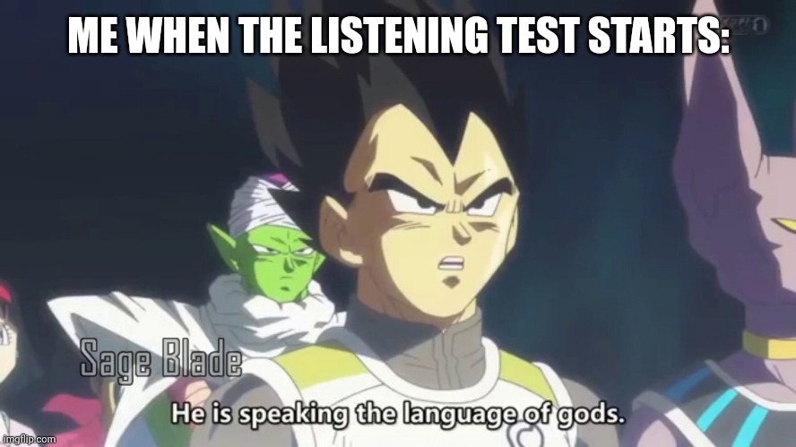 Good test | ME WHEN THE LISTENING TEST STARTS: | image tagged in he is speaking the language of the gods | made w/ Imgflip meme maker