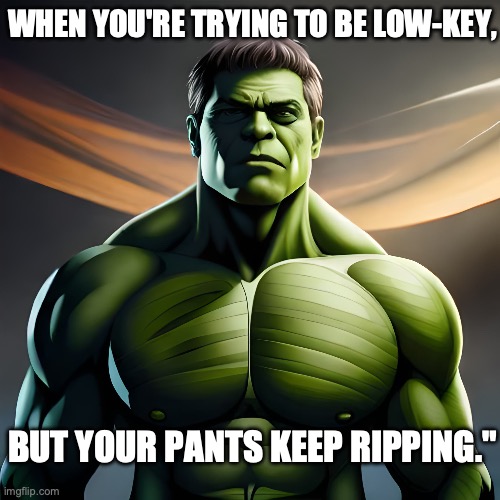 halk | WHEN YOU'RE TRYING TO BE LOW-KEY, BUT YOUR PANTS KEEP RIPPING." | image tagged in incredible hulk,the incredible hulk,marvel,movies | made w/ Imgflip meme maker