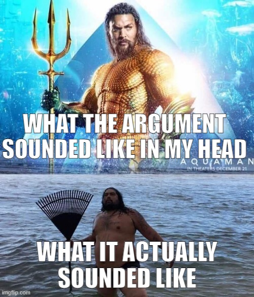 me vs reality - aquaman | WHAT THE ARGUMENT SOUNDED LIKE IN MY HEAD; WHAT IT ACTUALLY SOUNDED LIKE | image tagged in me vs reality - aquaman | made w/ Imgflip meme maker