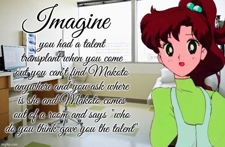 Imagine; you had a talent transplant when you come out you can't find Makoto anywhere and you ask where is she and Makoto comes out of a room and says "who do you think gave you the talent" | image tagged in memes,sailor moon,talent,boobs,imagine,transplant | made w/ Imgflip meme maker