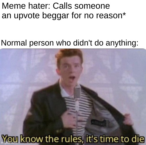 I swear I didn't upvote beg. I was just making a meme | Meme hater: Calls someone an upvote beggar for no reason*; Normal person who didn't do anything: | image tagged in you know the rules its time to die | made w/ Imgflip meme maker