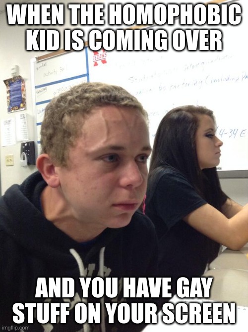 Hold fart | WHEN THE HOMOPHOBIC KID IS COMING OVER; AND YOU HAVE GAY STUFF ON YOUR SCREEN | image tagged in hold fart | made w/ Imgflip meme maker