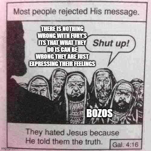 don't hate me | THERE IS NOTHING WRONG WITH FURY'S ITS THAT WHAT THEY DO IS CAN BE WRONG THEY ARE JUST EXPRESSING THEIR FEELINGS; BOZOS | image tagged in they hated jesus because he told them the truth | made w/ Imgflip meme maker