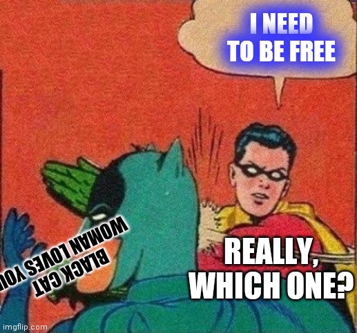 Robin Slaps Batman | I NEED TO BE FREE BLACK CAT WOMAN LOVES YOU REALLY, WHICH ONE? | image tagged in robin slaps batman | made w/ Imgflip meme maker