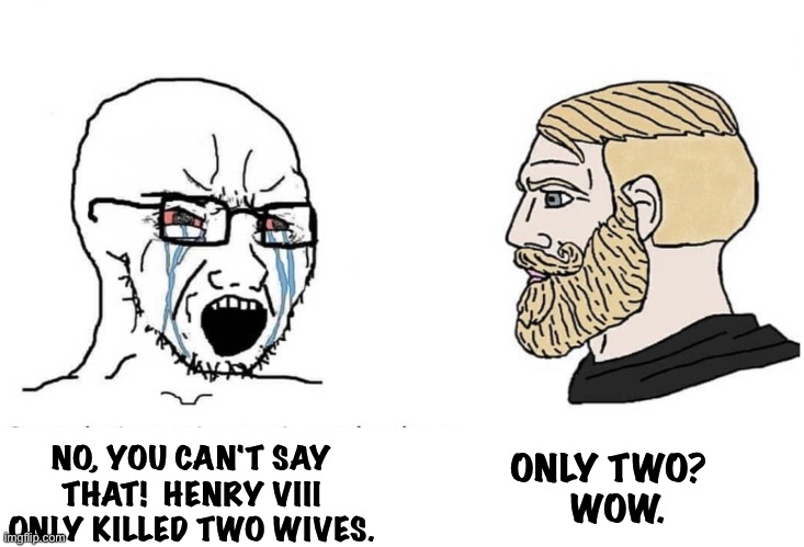 Soyboy Vs Yes Chad | NO, YOU CAN'T SAY THAT!  HENRY VIII ONLY KILLED TWO WIVES. ONLY TWO?  
WOW. | image tagged in soyboy vs yes chad | made w/ Imgflip meme maker