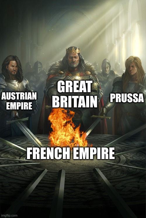 After France Collapsed | GREAT BRITAIN; AUSTRIAN EMPIRE; PRUSSA; FRENCH EMPIRE | image tagged in swords united | made w/ Imgflip meme maker