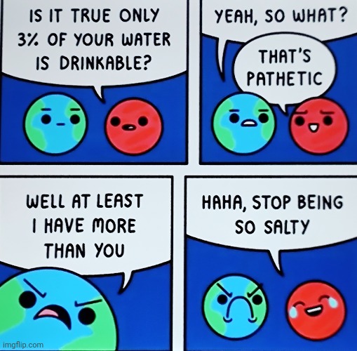"Stop being so salty" | image tagged in mars,earth | made w/ Imgflip meme maker