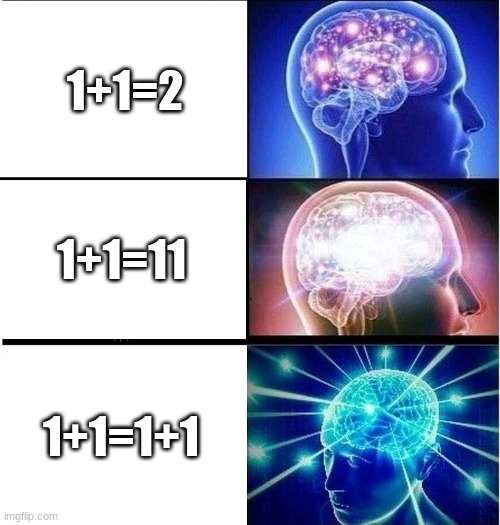 1+1 | 1+1=2; 1+1=11; 1+1=1+1 | image tagged in expanding brain 3 panels | made w/ Imgflip meme maker