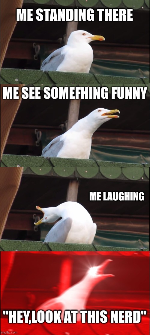 Inhaling Seagull Meme | ME STANDING THERE; ME SEE SOMEFHING FUNNY; ME LAUGHING; "HEY,LOOK AT THIS NERD" | image tagged in memes,inhaling seagull | made w/ Imgflip meme maker