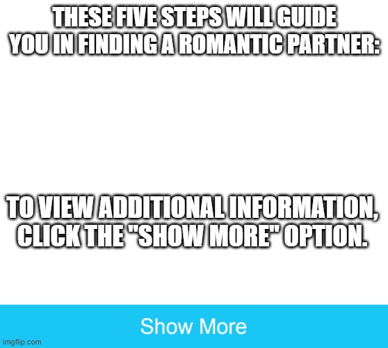 howto get a gf | THESE FIVE STEPS WILL GUIDE YOU IN FINDING A ROMANTIC PARTNER:; TO VIEW ADDITIONAL INFORMATION, CLICK THE "SHOW MORE" OPTION. | image tagged in show more | made w/ Imgflip meme maker