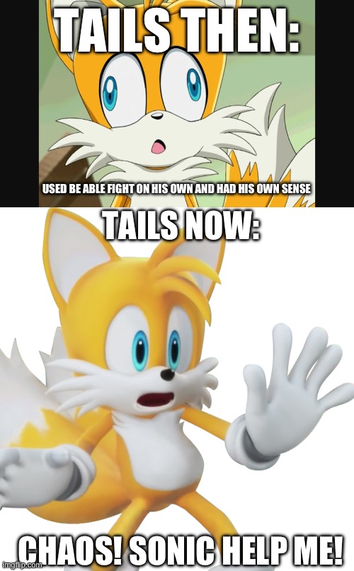 Tails Then Vs Now | TAILS THEN:; USED BE ABLE FIGHT ON HIS OWN AND HAD HIS OWN SENSE; TAILS NOW:; CHAOS! SONIC HELP ME! | image tagged in meme,sonic the hedgehog,tails | made w/ Imgflip meme maker