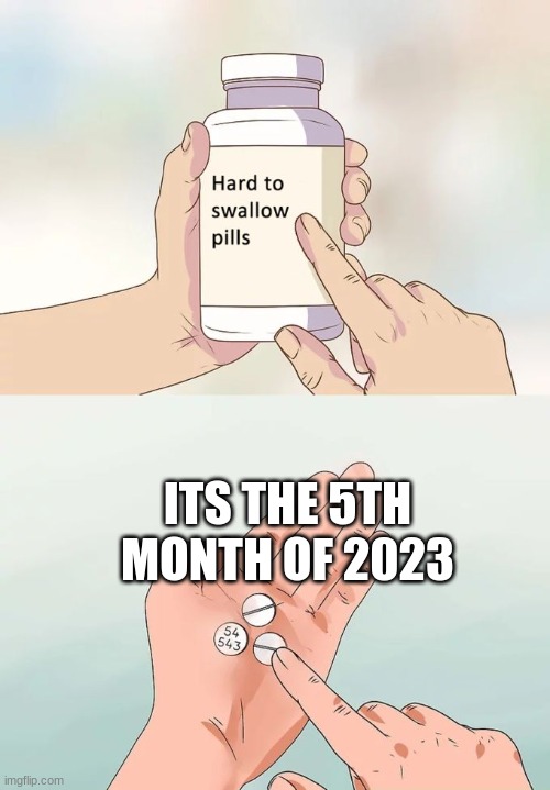 It is quite hard to Swallow | ITS THE 5TH MONTH OF 2023 | image tagged in memes,hard to swallow pills,2023 | made w/ Imgflip meme maker
