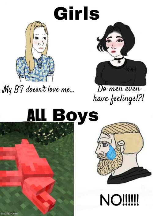 Girls vs Boys | My BF doesn't love me... Do men even have feelings!?! ALL; NO!!!!!! | image tagged in dead,sad but true,dog,minecraft,cry about it,boys | made w/ Imgflip meme maker
