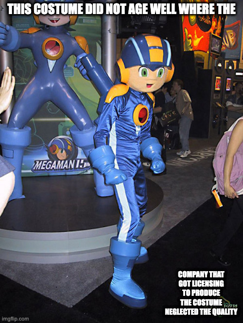Fugly MegaMan.EXE Costume | THIS COSTUME DID NOT AGE WELL WHERE THE; COMPANY THAT GOT LICENSING TO PRODUCE THE COSTUME NEGLECTED THE QUALITY | image tagged in megamanexe,megaman,megaman battle network,memes | made w/ Imgflip meme maker