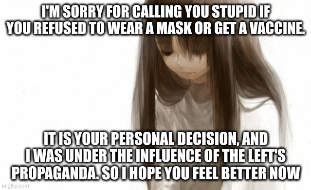 my apology for being mean | I'M SORRY FOR CALLING YOU STUPID IF YOU REFUSED TO WEAR A MASK OR GET A VACCINE. IT IS YOUR PERSONAL DECISION, AND I WAS UNDER THE INFLUENCE OF THE LEFT'S PROPAGANDA. SO I HOPE YOU FEEL BETTER NOW | image tagged in covid,coronavirus,apology,mask,vaccine,politics | made w/ Imgflip meme maker