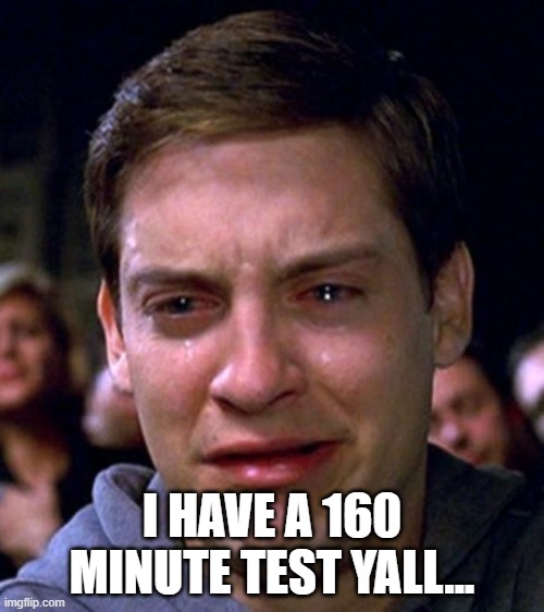pray for me please | I HAVE A 160 MINUTE TEST YALL... | image tagged in crying peter parker,testing,school | made w/ Imgflip meme maker