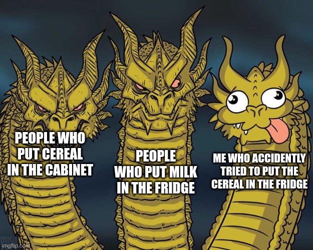the brain malfunctions for a split second, then i think, what am I doing | PEOPLE WHO PUT MILK IN THE FRIDGE; PEOPLE WHO PUT CEREAL IN THE CABINET; ME WHO ACCIDENTLY TRIED TO PUT THE CEREAL IN THE FRIDGE | image tagged in three dragons,cereal in the fridge,milk | made w/ Imgflip meme maker