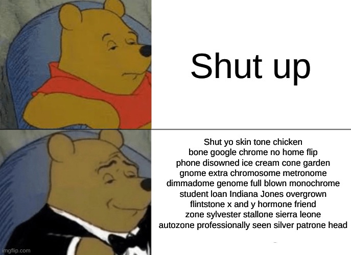 SHUT YO- | Shut up; Shut yo skin tone chicken bone google chrome no home flip phone disowned ice cream cone garden gnome extra chromosome metronome dimmadome genome full blown monochrome student loan Indiana Jones overgrown flintstone x and y hormone friend zone sylvester stallone sierra leone autozone professionally seen silver patrone head | image tagged in memes,tuxedo winnie the pooh | made w/ Imgflip meme maker