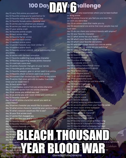 100 day anime challenge | DAY 6; BLEACH THOUSAND YEAR BLOOD WAR | image tagged in 100 day anime challenge | made w/ Imgflip meme maker