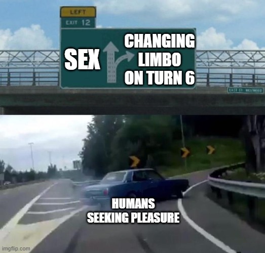 Swerving Car | SEX; CHANGING LIMBO ON TURN 6; HUMANS SEEKING PLEASURE | image tagged in swerving car | made w/ Imgflip meme maker