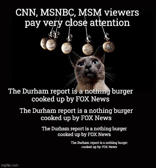 The Durham report is a nothing burger cooked up by FOX News | CNN, MSNBC, MSM viewers pay very close attention; The Durham report is a nothing burger
cooked up by FOX News; The Durham report is a nothing burger
cooked up by FOX News; The Durham report is a nothing burger
cooked up by FOX News; The Durham report is a nothing burger
cooked up by FOX News | image tagged in durham report,media bias,corruption,deep state,fbi,doj | made w/ Imgflip meme maker