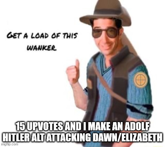 get a load of this wanker | 15 UPVOTES AND I MAKE AN ADOLF HITLER ALT ATTACKING DAWN/ELIZABETH | image tagged in get a load of this wanker | made w/ Imgflip meme maker