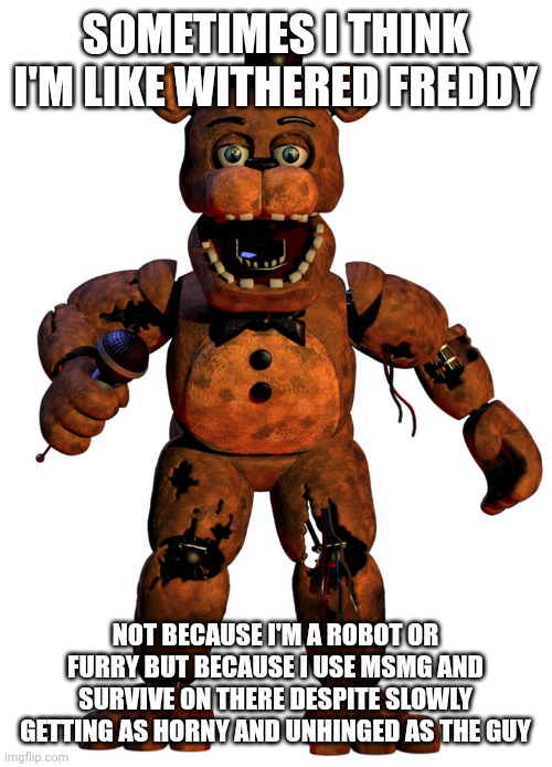 (/hj) | SOMETIMES I THINK I'M LIKE WITHERED FREDDY; NOT BECAUSE I'M A ROBOT OR FURRY BUT BECAUSE I USE MSMG AND SURVIVE ON THERE DESPITE SLOWLY GETTING AS HORNY AND UNHINGED AS THE GUY | image tagged in withered freddy fazbear | made w/ Imgflip meme maker