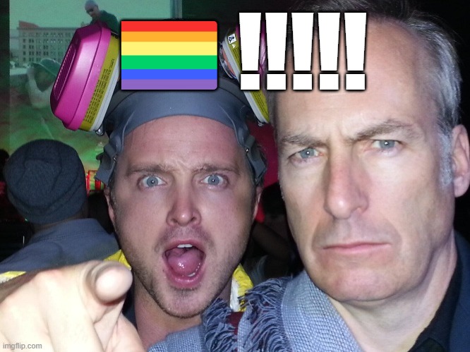 Aaron Paul points at you with Bob Odenkirk staring at you | ?️‍?!!!!! | image tagged in aaron paul points at you with bob odenkirk staring at you | made w/ Imgflip meme maker