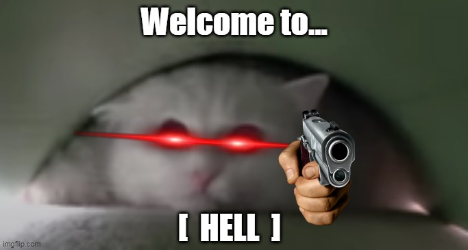 hell | Welcome to... [  HELL  ] | image tagged in hell,cat,evil | made w/ Imgflip meme maker