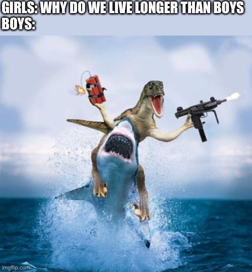 Girls vs. boys | GIRLS: WHY DO WE LIVE LONGER THAN BOYS
BOYS: | image tagged in dinosaur riding shark | made w/ Imgflip meme maker