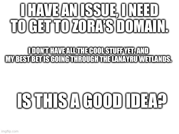 Blank White Template | I HAVE AN ISSUE, I NEED TO GET TO ZORA’S DOMAIN. I DON’T HAVE ALL THE COOL STUFF YET, AND MY BEST BET IS GOING THROUGH THE LANAYRU WETLANDS. IS THIS A GOOD IDEA? | image tagged in blank white template | made w/ Imgflip meme maker