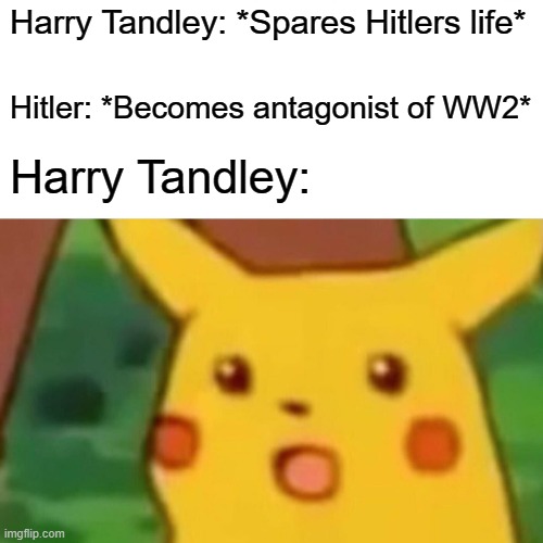 Moral of the story: NO MERCY XD | Harry Tandley: *Spares Hitlers life*; Hitler: *Becomes antagonist of WW2*; Harry Tandley: | image tagged in memes,surprised pikachu | made w/ Imgflip meme maker