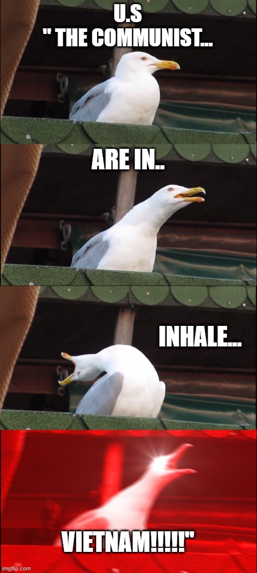 Inhaling Seagull Meme | U.S
" THE COMMUNIST... ARE IN.. INHALE... VIETNAM!!!!!" | image tagged in memes,inhaling seagull | made w/ Imgflip meme maker