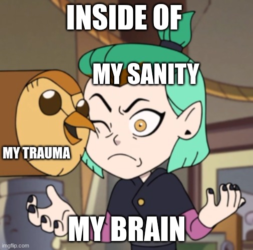 Hooty in Amity's Space(The Owl House) | INSIDE OF; MY SANITY; MY TRAUMA; MY BRAIN | image tagged in hooty in amity's space the owl house | made w/ Imgflip meme maker