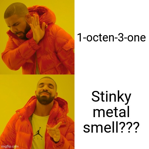 Metal doesn't actually have a smell | 1-octen-3-one; Stinky metal smell??? | image tagged in memes,drake hotline bling | made w/ Imgflip meme maker