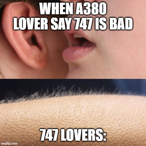 Whisper and Goosebumps | WHEN A380 LOVER SAY 747 IS BAD; 747 LOVERS: | image tagged in whisper and goosebumps | made w/ Imgflip meme maker