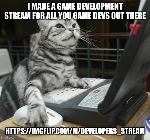 https://imgflip.com/m/Developers_Stream | I MADE A GAME DEVELOPMENT STREAM FOR ALL YOU GAME DEVS OUT THERE; HTTPS://IMGFLIP.COM/M/DEVELOPERS_STREAM | image tagged in coding cat | made w/ Imgflip meme maker